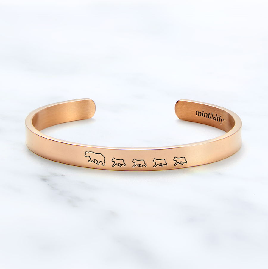 Mama Bear & Her Baby Bears Engraved Cuff Bracelet in rose gold tone