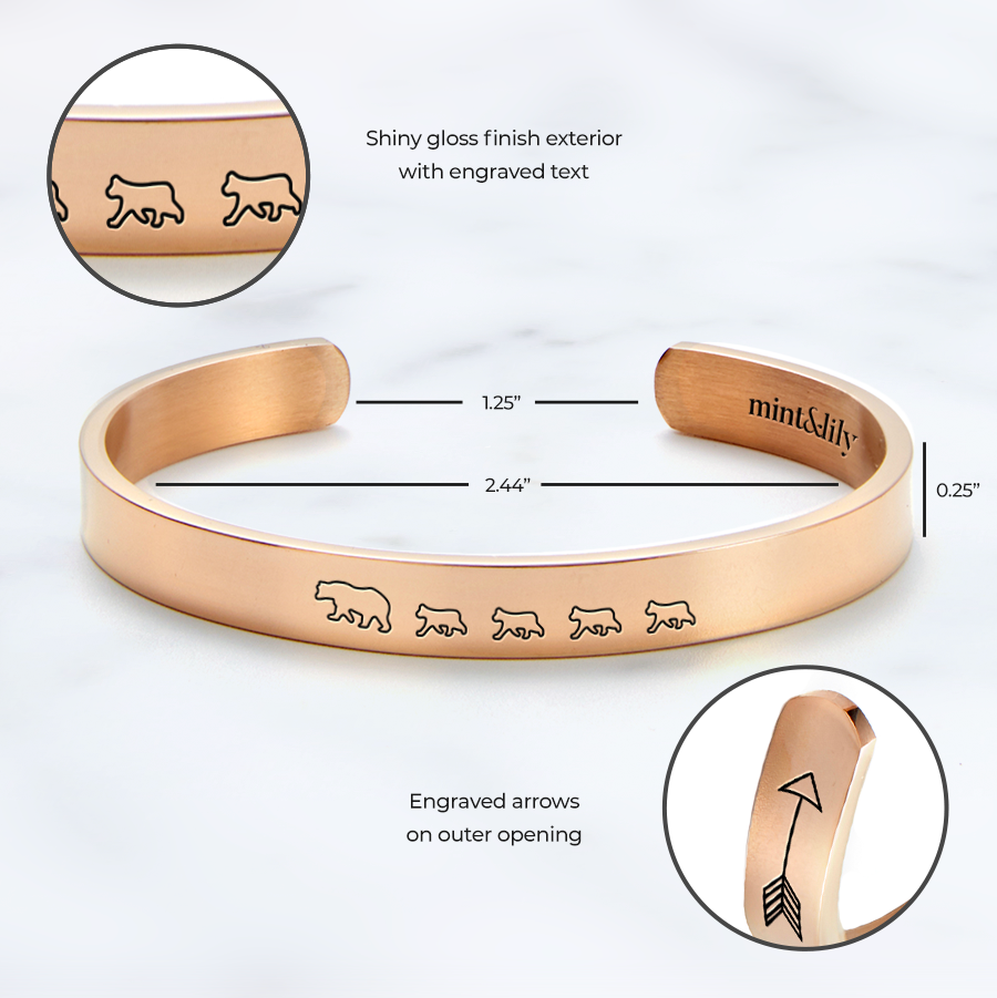 Mama Bear & Her Baby Bears Engraved Cuff Bracelet in rose gold tone