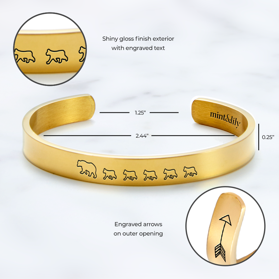 Mama Bear & Her Baby Bears Engraved Cuff Bracelet in gold tone