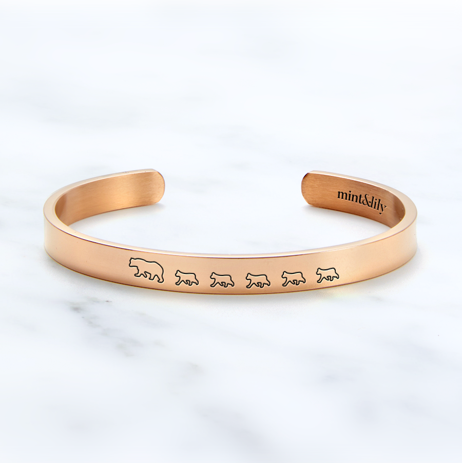 Mama Bear & Her Baby Bears Engraved Cuff Bracelet in rose gold tone