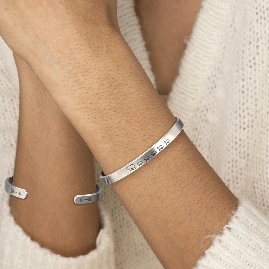 Mama Bear & Her Baby Bears Engraved Cuff Bracelet in 925 sterling silver, worn on a model