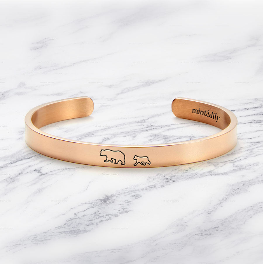 Mama Bear & Her Baby Bears Engraved Cuff Bracelet in rose gold tone