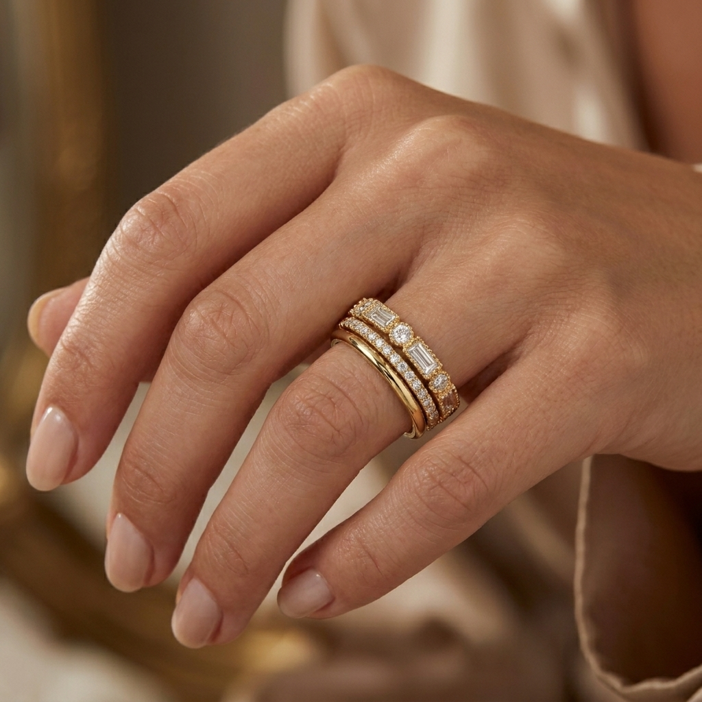 Vintage Ring Stack, worn on a model