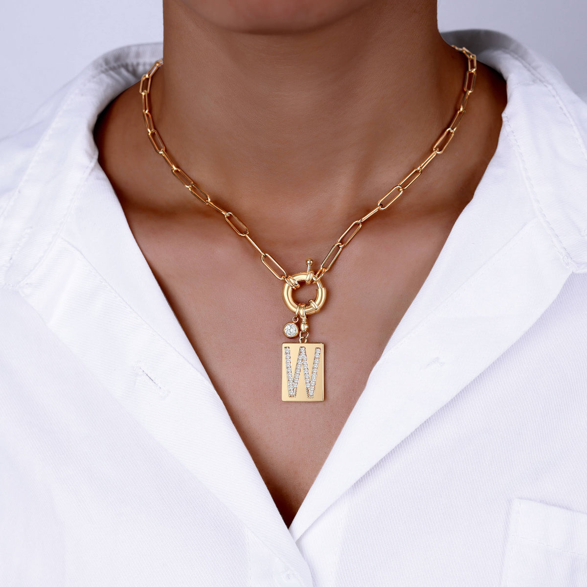 Collana Pendente Iniziale Pavé con Catena Paperclip