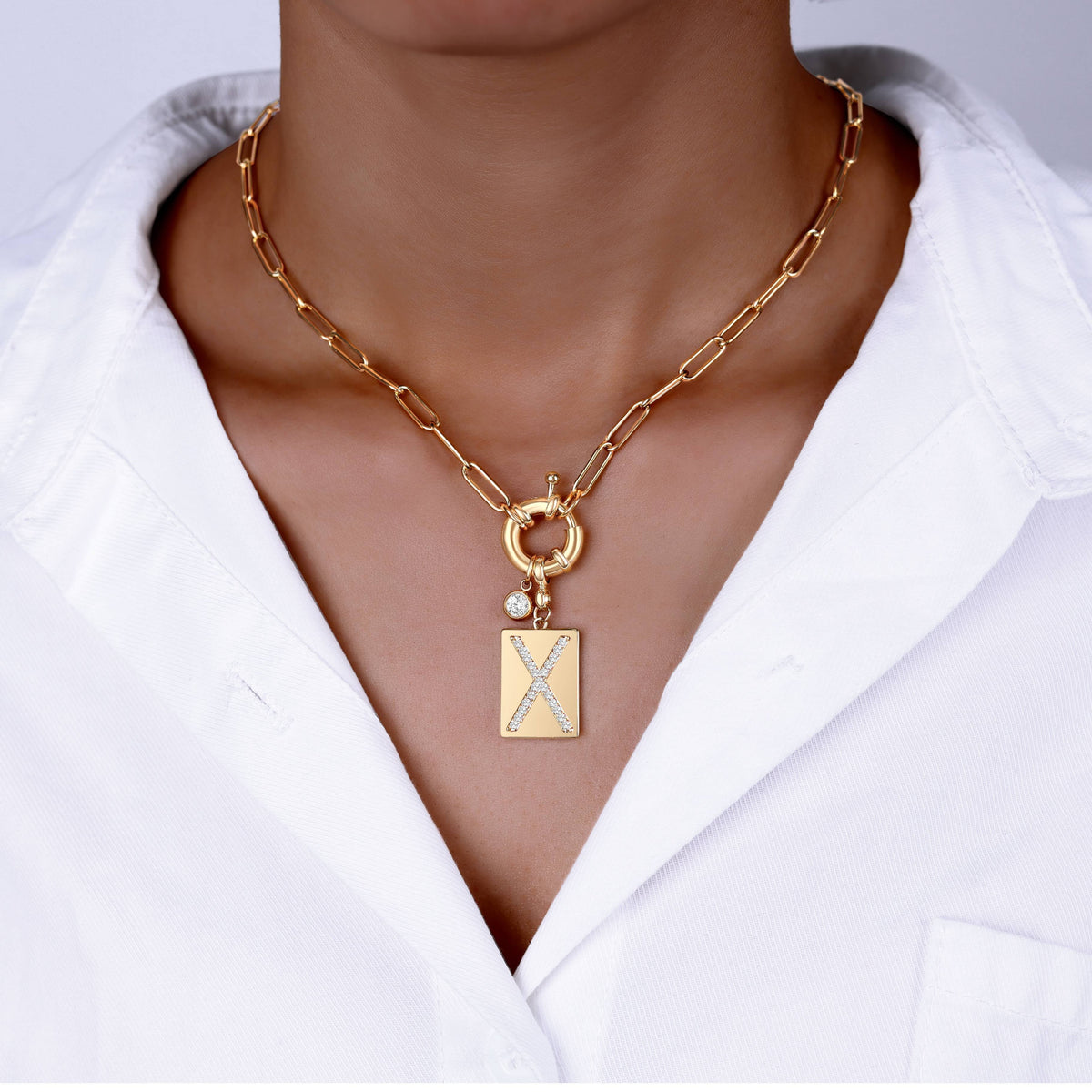 Collana Pendente Iniziale Pavé con Catena Paperclip