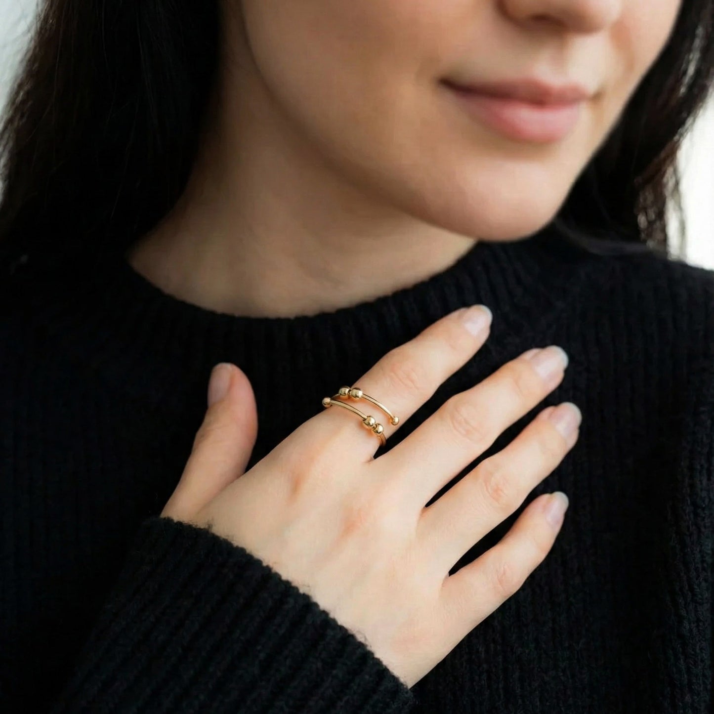 Adjustable Beaded Fidget Ring, worn on a model