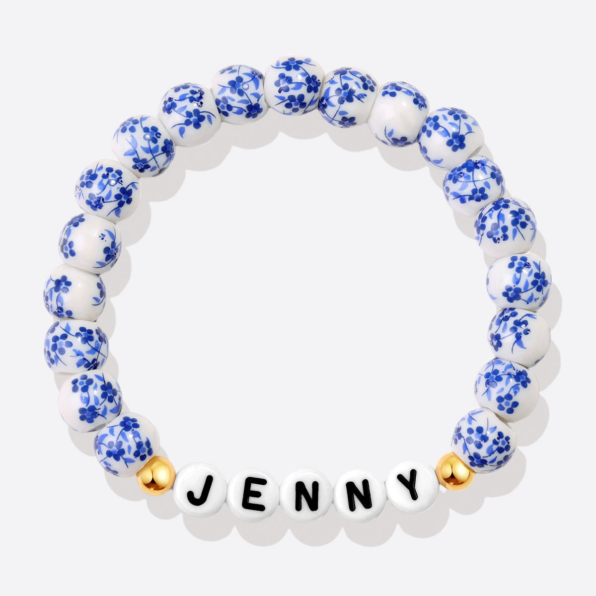 Bracciale con nome personalizzato in porcellana blu e perline floreali