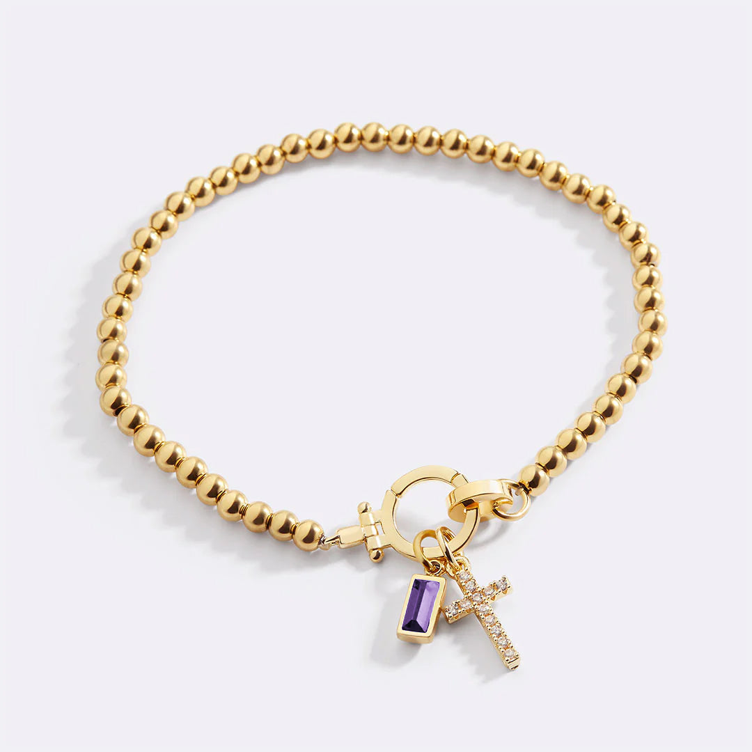 Cross Charm Birthstone Bracelet in gold tone with June birthstone