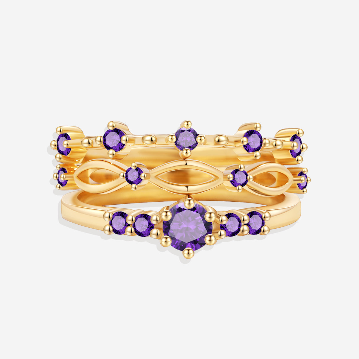 Braided Birthstone Stacking Ring Set in gold tone with February birthstone