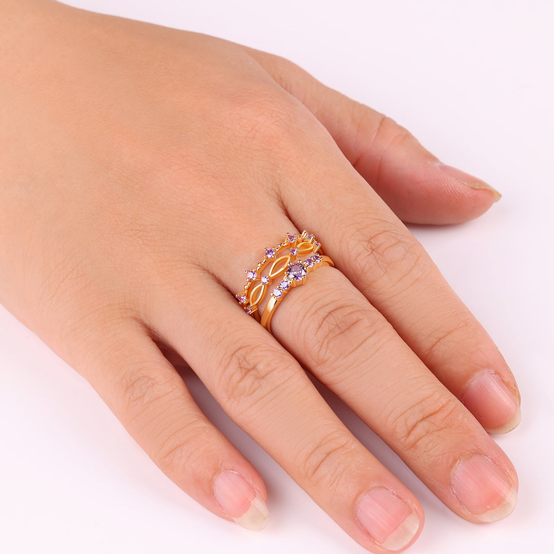 Braided Birthstone Stacking Ring Set in gold tone with February birthstone