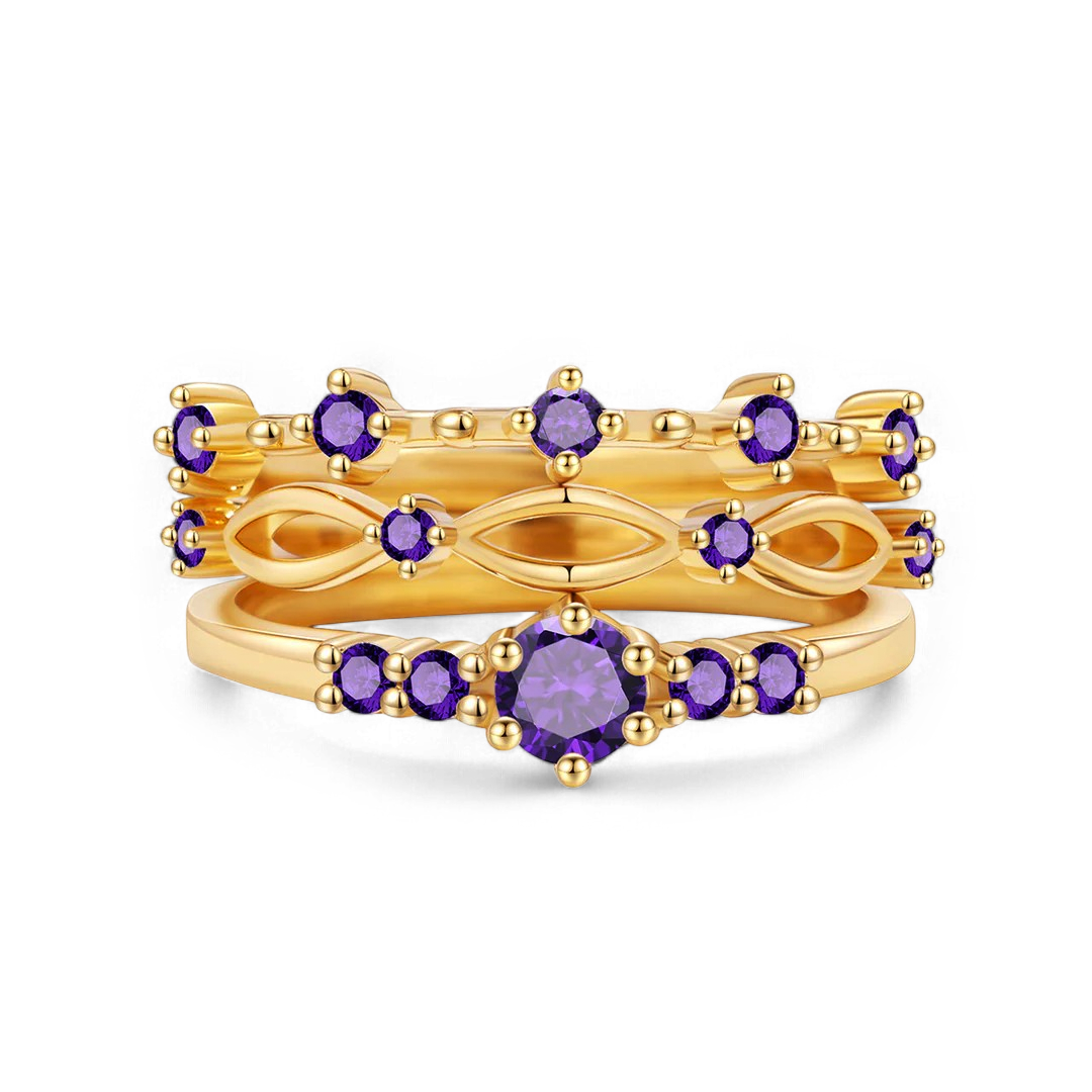 Braided Birthstone Stacking Ring Set in gold tone with February birthstone