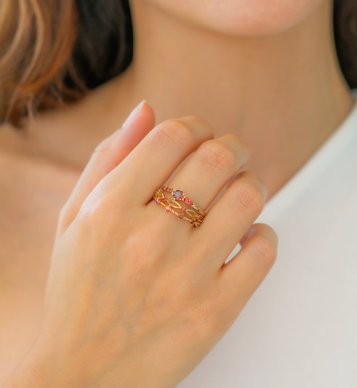 Braided Birthstone Stacking Ring Set in gold tone with January birthstone