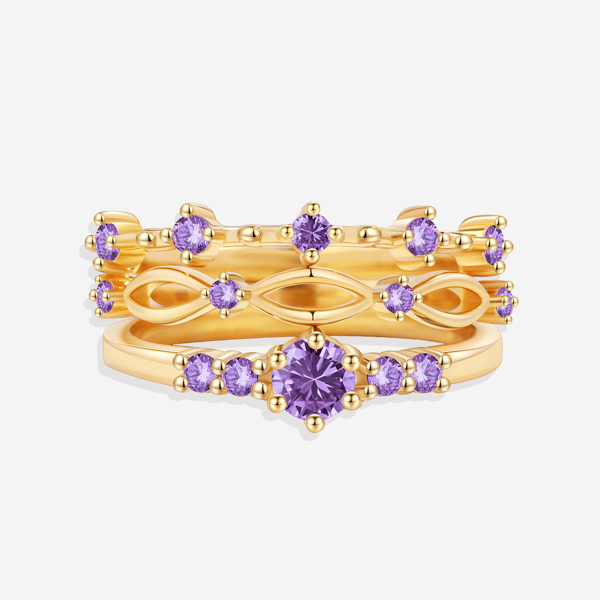 Braided Birthstone Stacking Ring Set in gold tone with June birthstone
