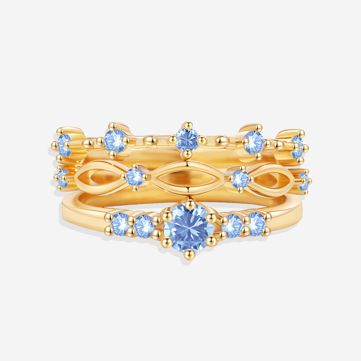 Braided Birthstone Stacking Ring Set in gold tone with March birthstone