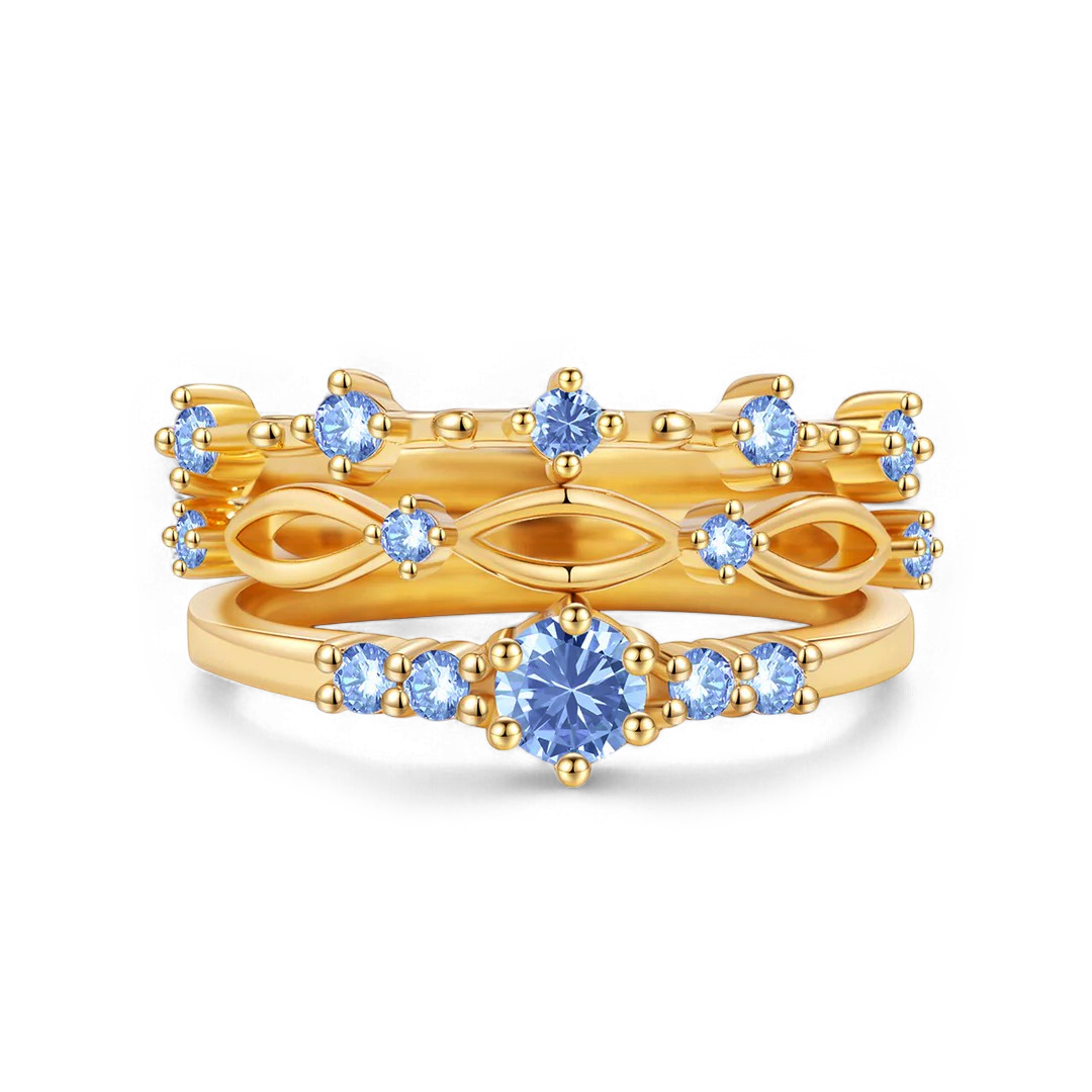Braided Birthstone Stacking Ring Set in gold tone with March birthstone