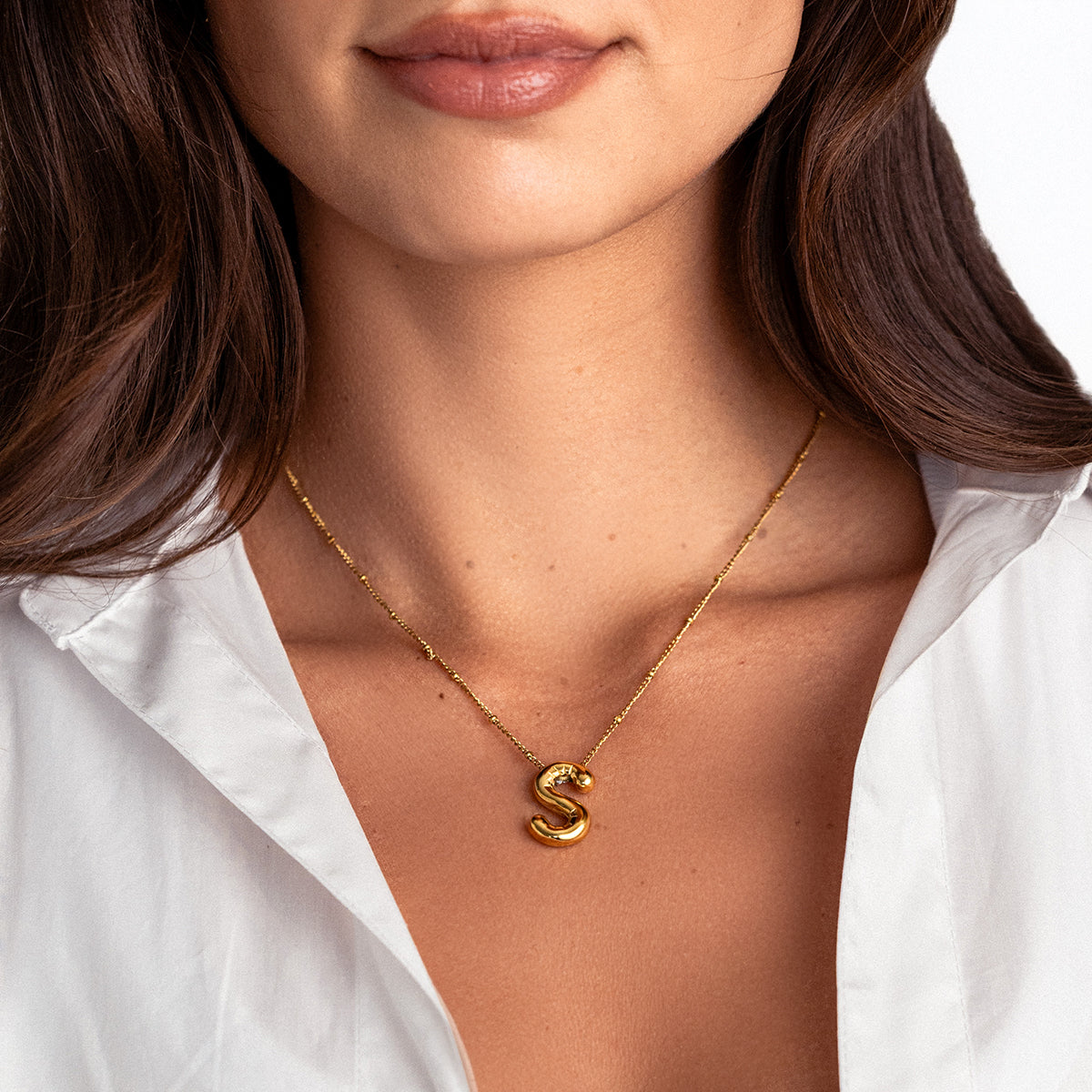 Balloon Initial Necklace with Satellite Chain in gold tone
