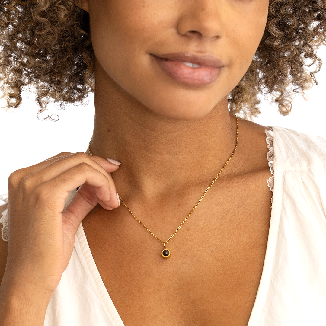 The Classic Photo Necklace, worn on a model