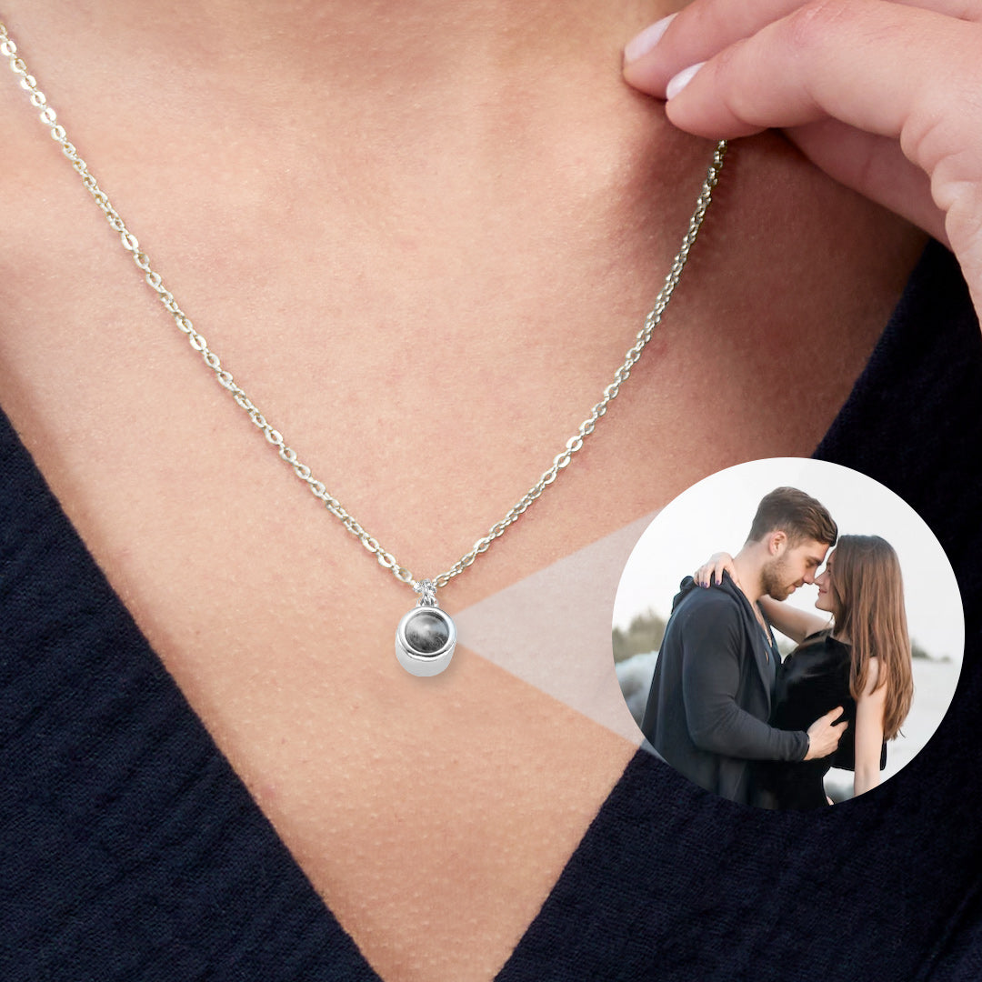 The Classic Photo Necklace in 925 sterling silver, worn on a model