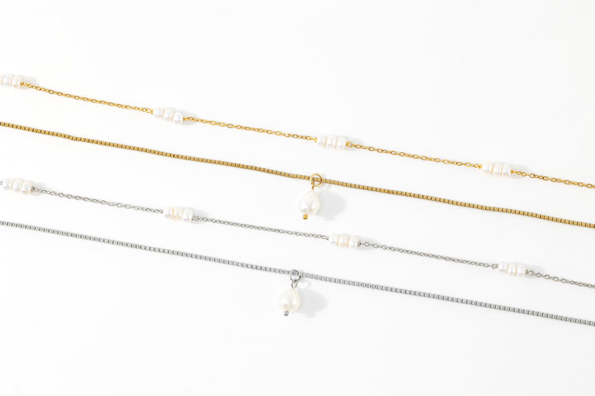 Dainty Layered Pearl Necklace, flat lay detail