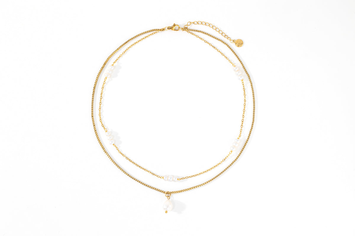 Dainty Layered Pearl Necklace in gold tone, flat lay detail