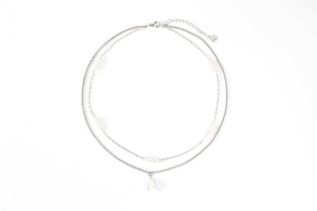 Dainty Layered Pearl Necklace in 925 sterling silver, flat lay detail
