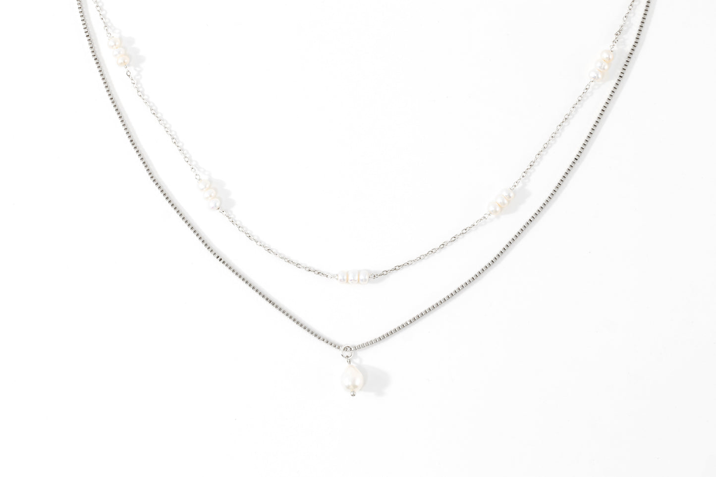 Dainty Layered Pearl Necklace in 925 sterling silver