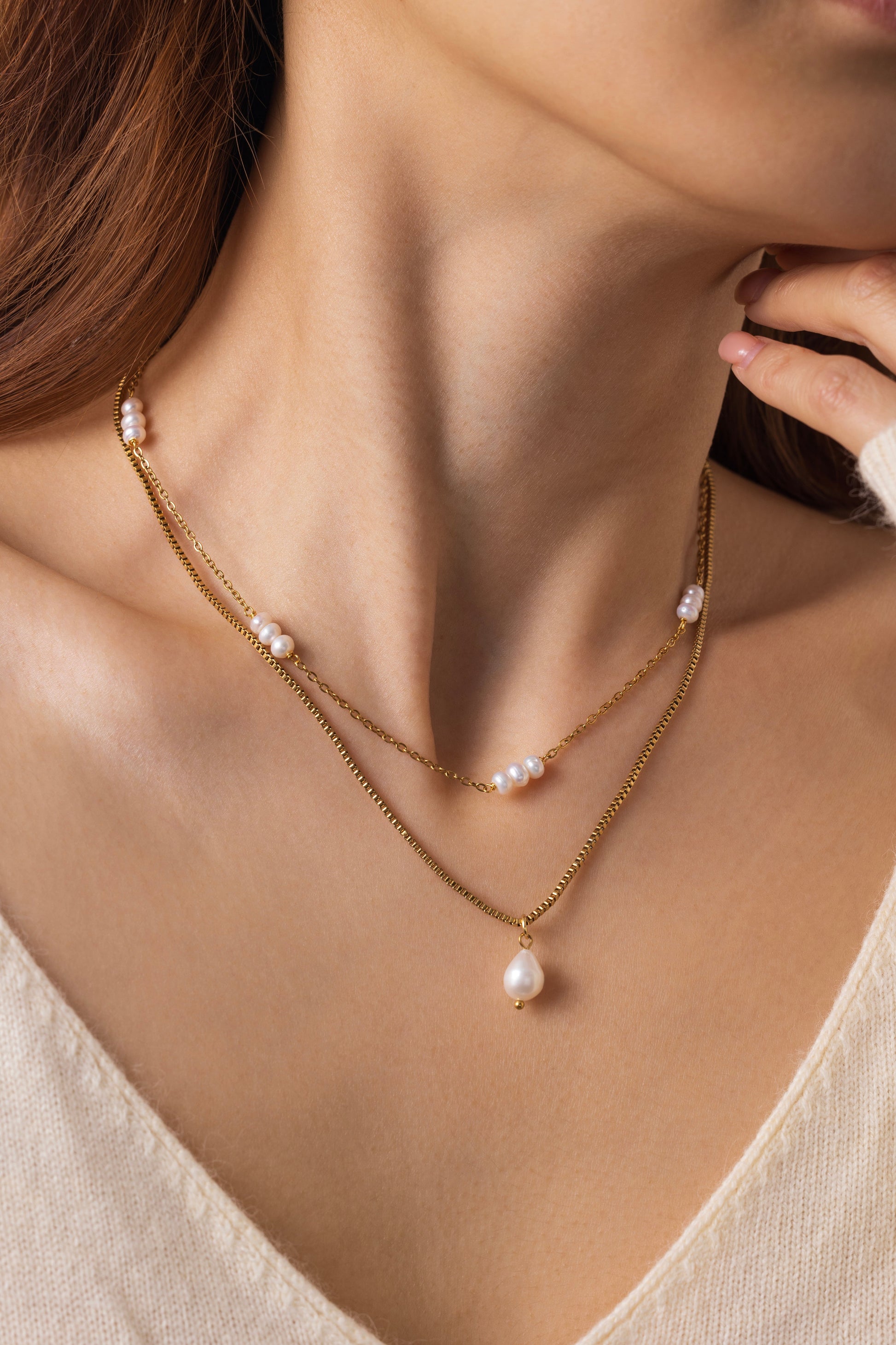 Dainty Layered Pearl Necklace, worn on a model