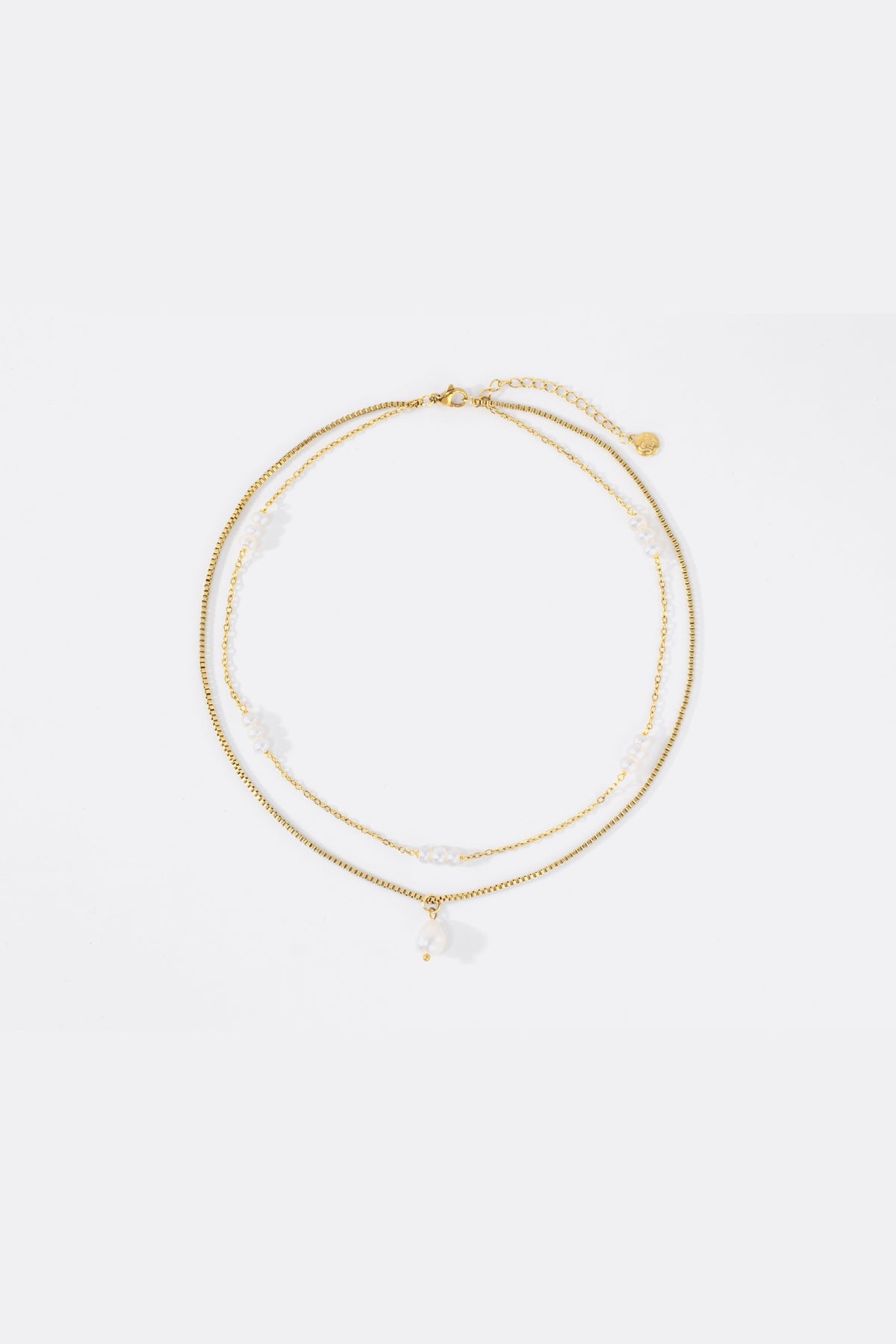 Dainty Layered Pearl Necklace in gold tone, flat lay detail