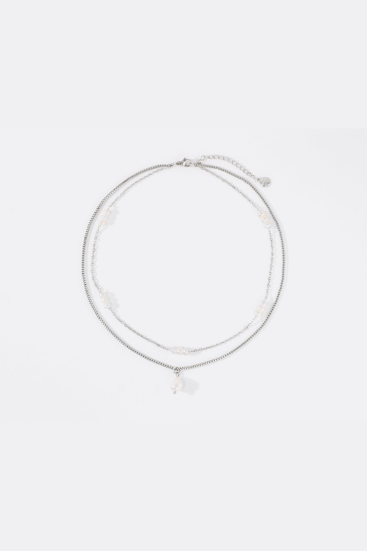 Dainty Layered Pearl Necklace in 925 sterling silver, flat lay detail