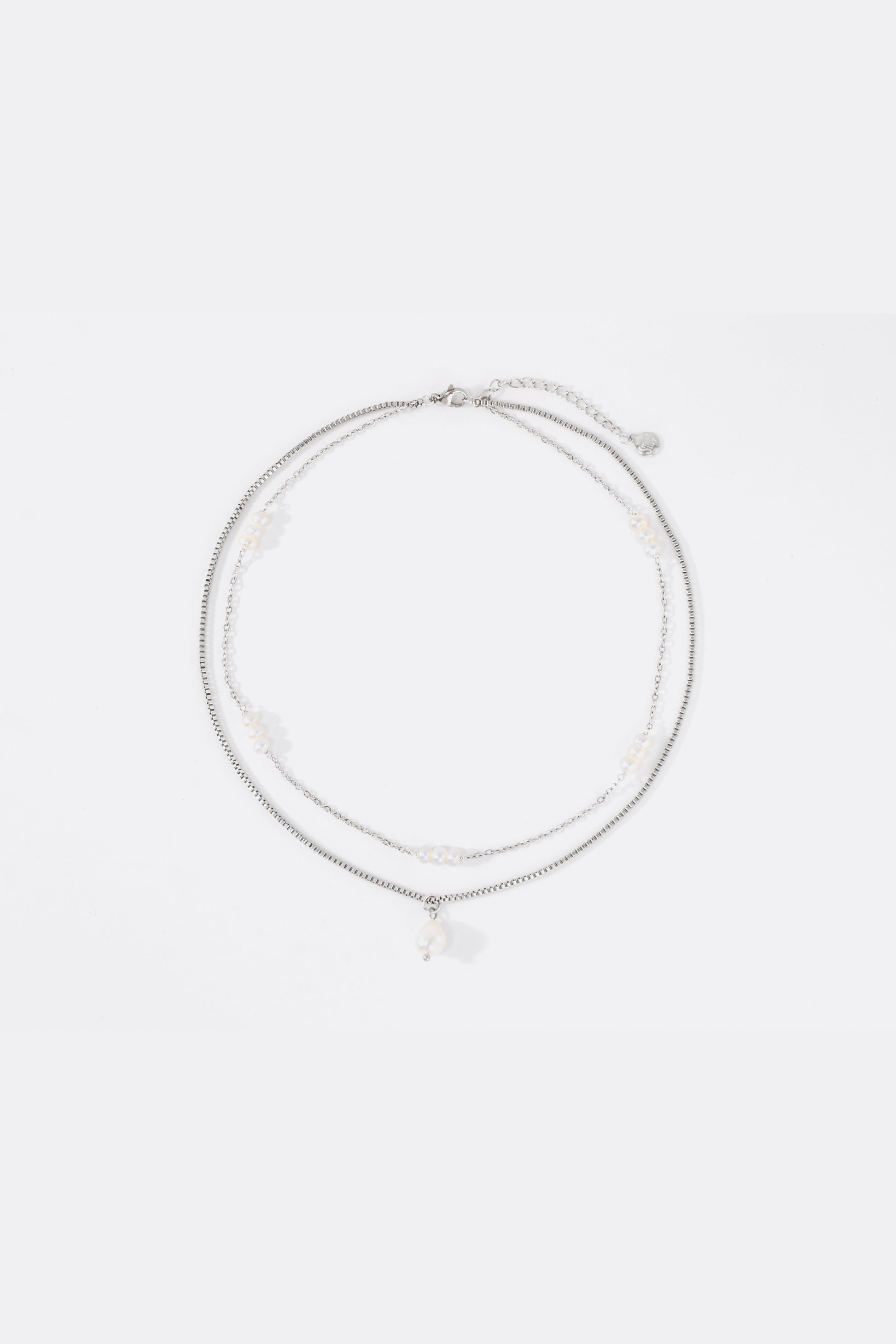 Dainty Layered Pearl Necklace in 925 sterling silver, flat lay detail