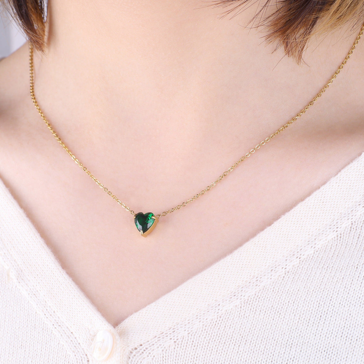 Dainty Birthstone Heart Necklace with May birthstone