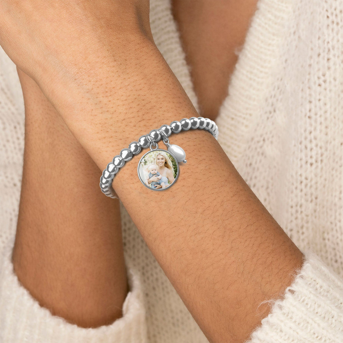 Personalized Photo Diana Charm Bracelet in 925 sterling silver, worn on a model