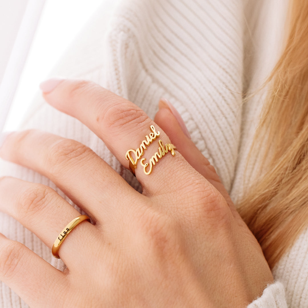 Double Name Ring, worn on a model