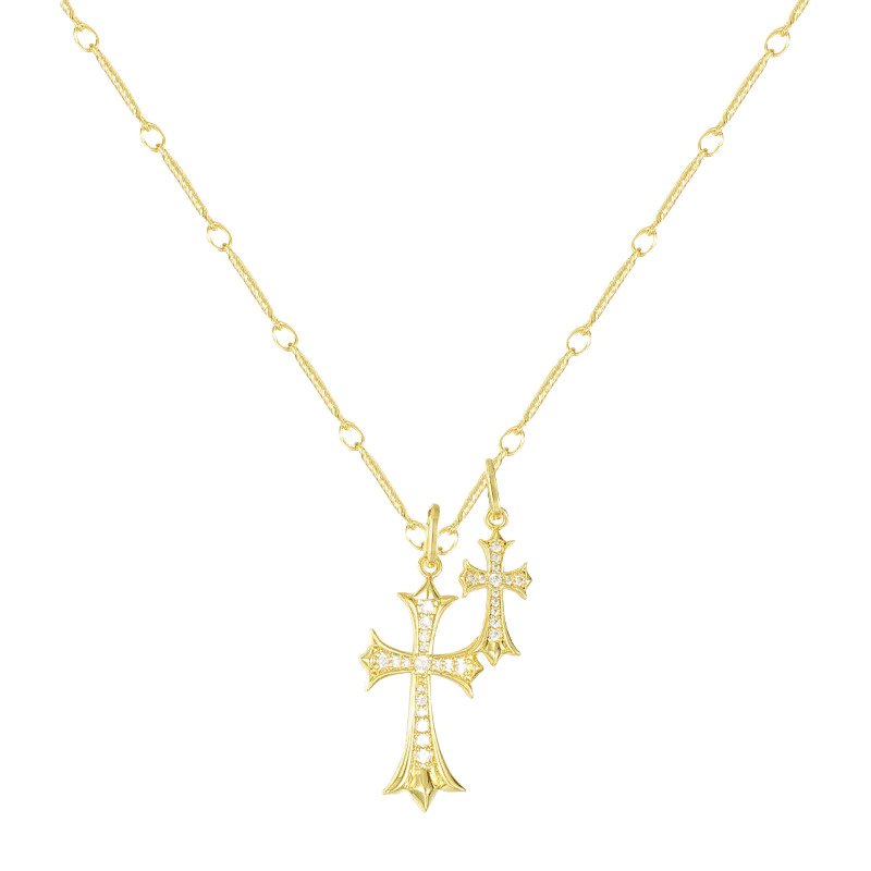 Double Cross Pendant Necklace in gold tone