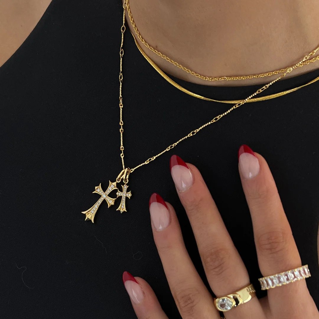 Double Cross Pendant Necklace in gold tone