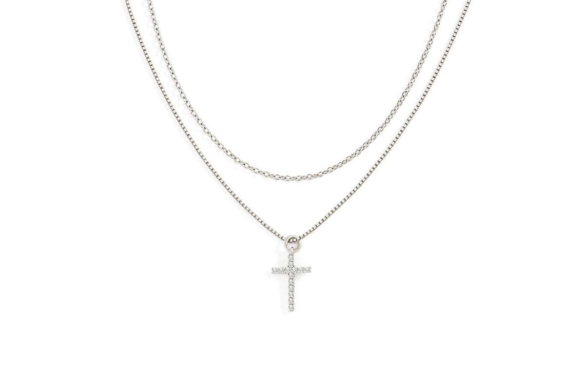 Dainty Cable Necklace with Pave Cross Chain Necklace Stacking Set