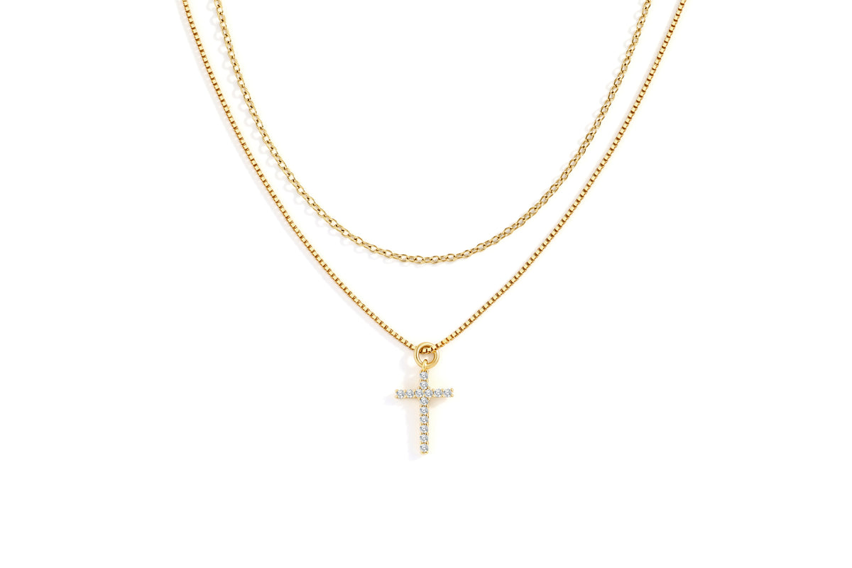 Dainty Cable Necklace with Pave Cross Chain Necklace Stacking Set