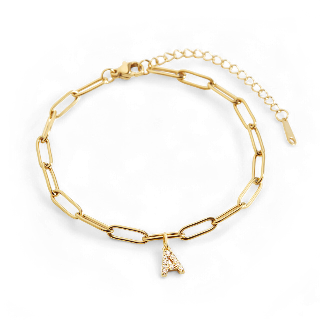 Paperclip Pave Initial Bracelet — Vanny Jewels