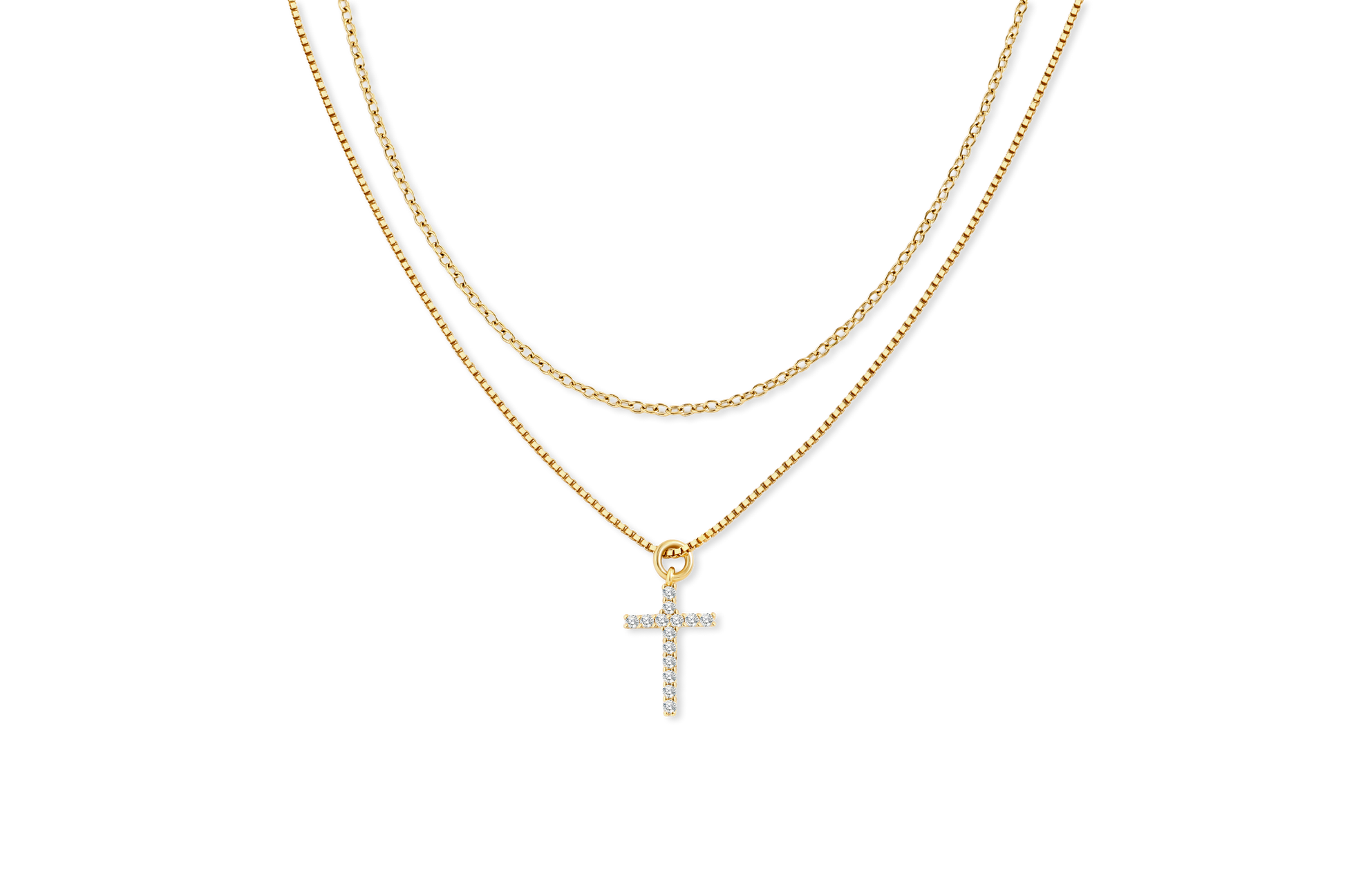 Dainty Cable Necklace with Pave Cross Chain Necklace Stacking Set — Vanny Jewels