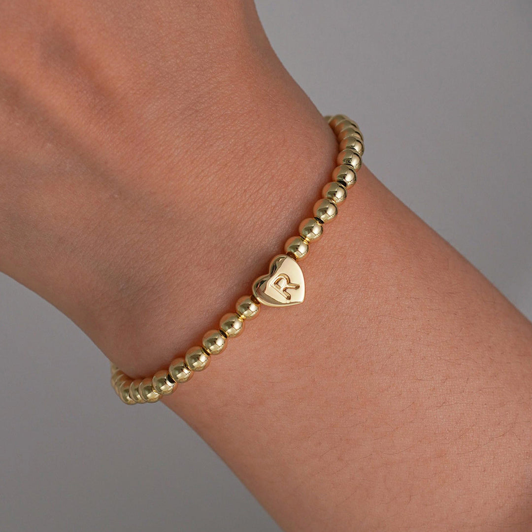 Gold Beaded Bracelet with Heart Initial