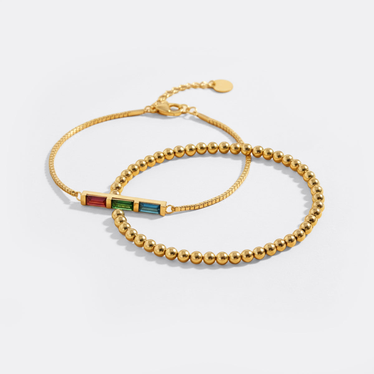 Zierliches Baguette-Geburtssteinarmband und Perlen-Stapelarmband-Set