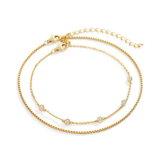 Bezel Set Diamond Bracelet and Box Chain Bracelet Stacking Set — Vanny Jewels