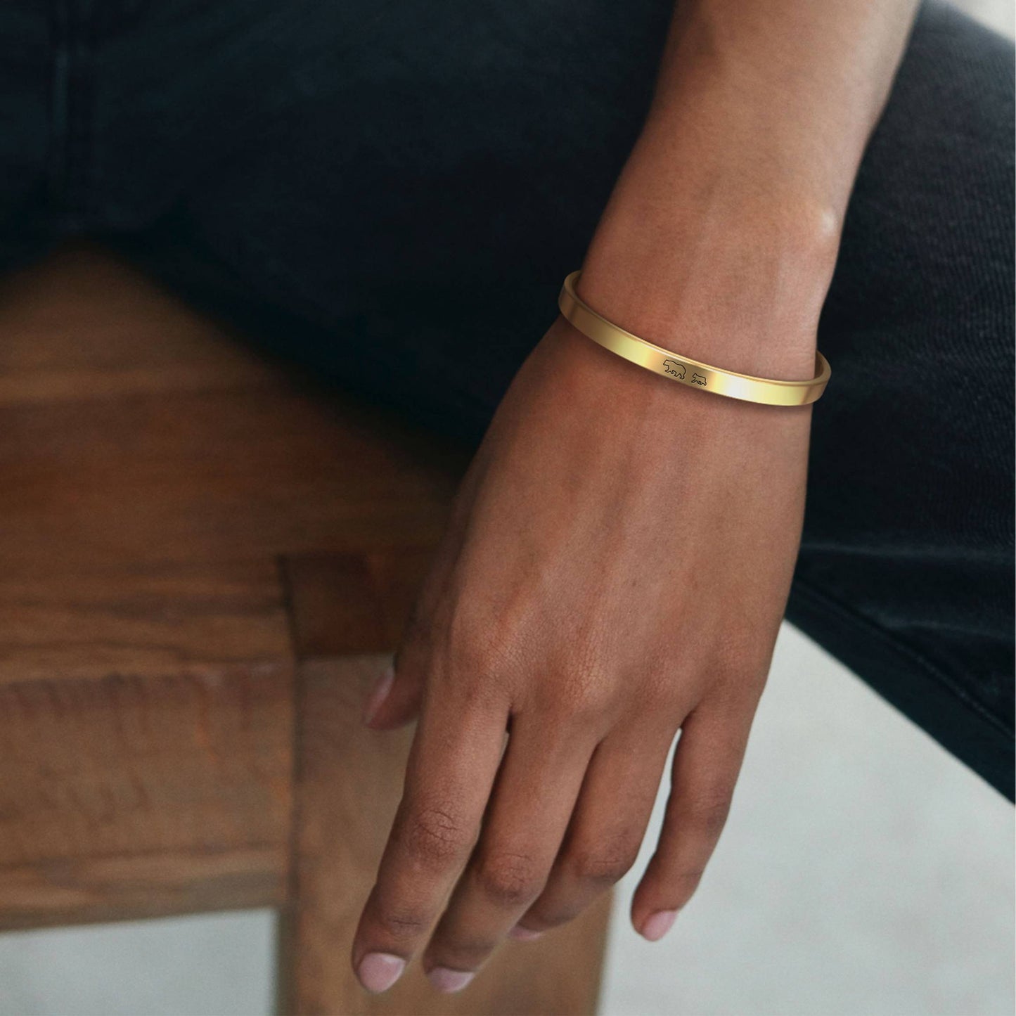 Mama Bear & Her Baby Bears Engraved Cuff Bracelet in gold tone