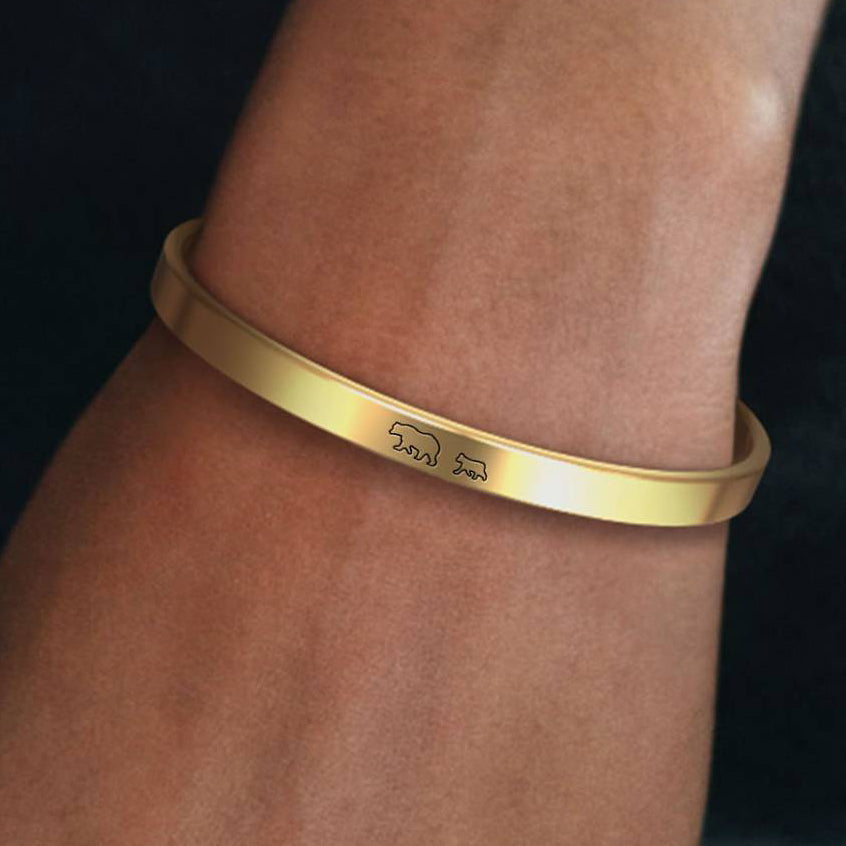 Mama Bear & Her Baby Bears Engraved Cuff Bracelet in gold tone