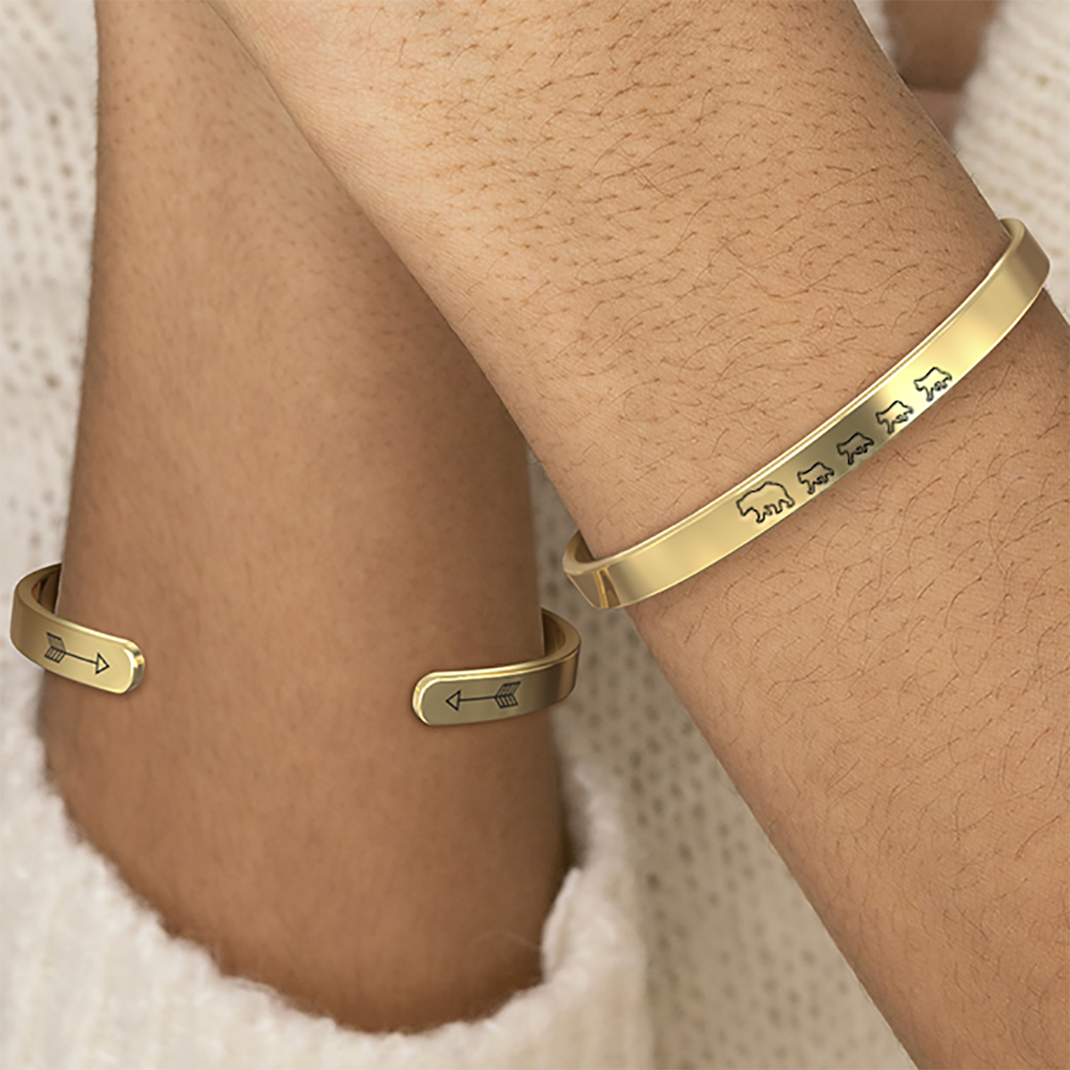 Mama Bear & Her Baby Bears Engraved Cuff Bracelet in gold tone