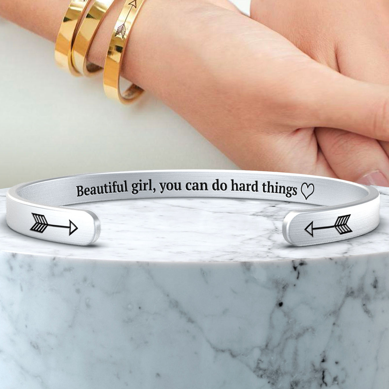 Beautiful Girl You Can Do Hard Things Cuff Bracelet in gold tone