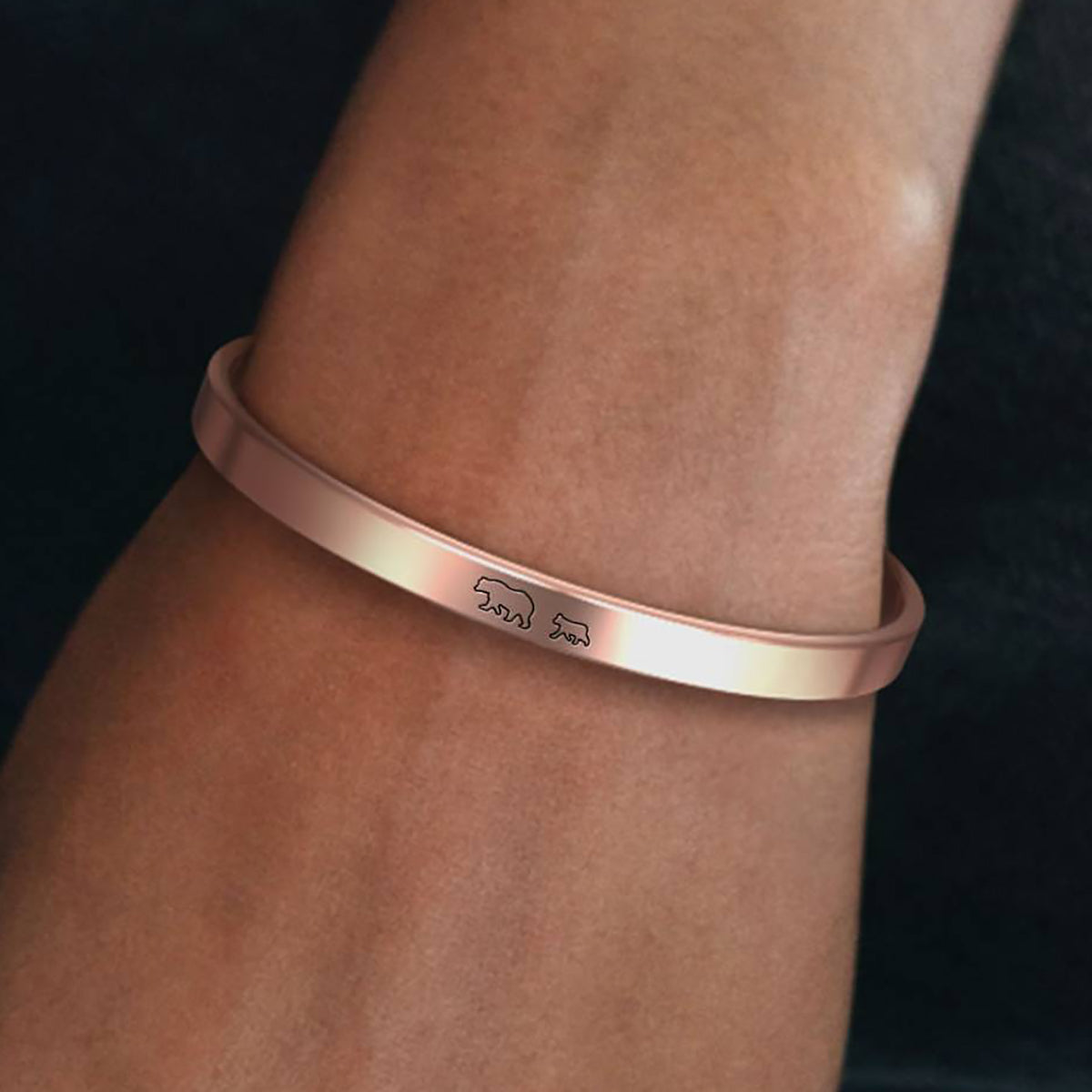 Mama Bear & Her Baby Bears Engraved Cuff Bracelet in rose gold tone