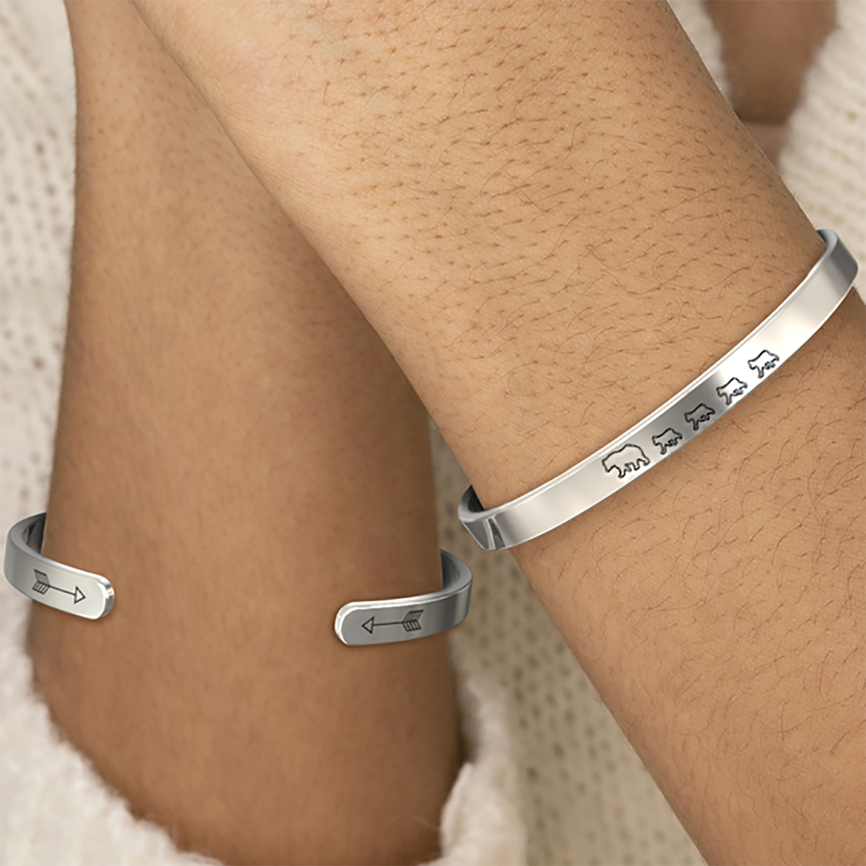 Mama Bear & Her Baby Bears Engraved Cuff Bracelet in 925 sterling silver