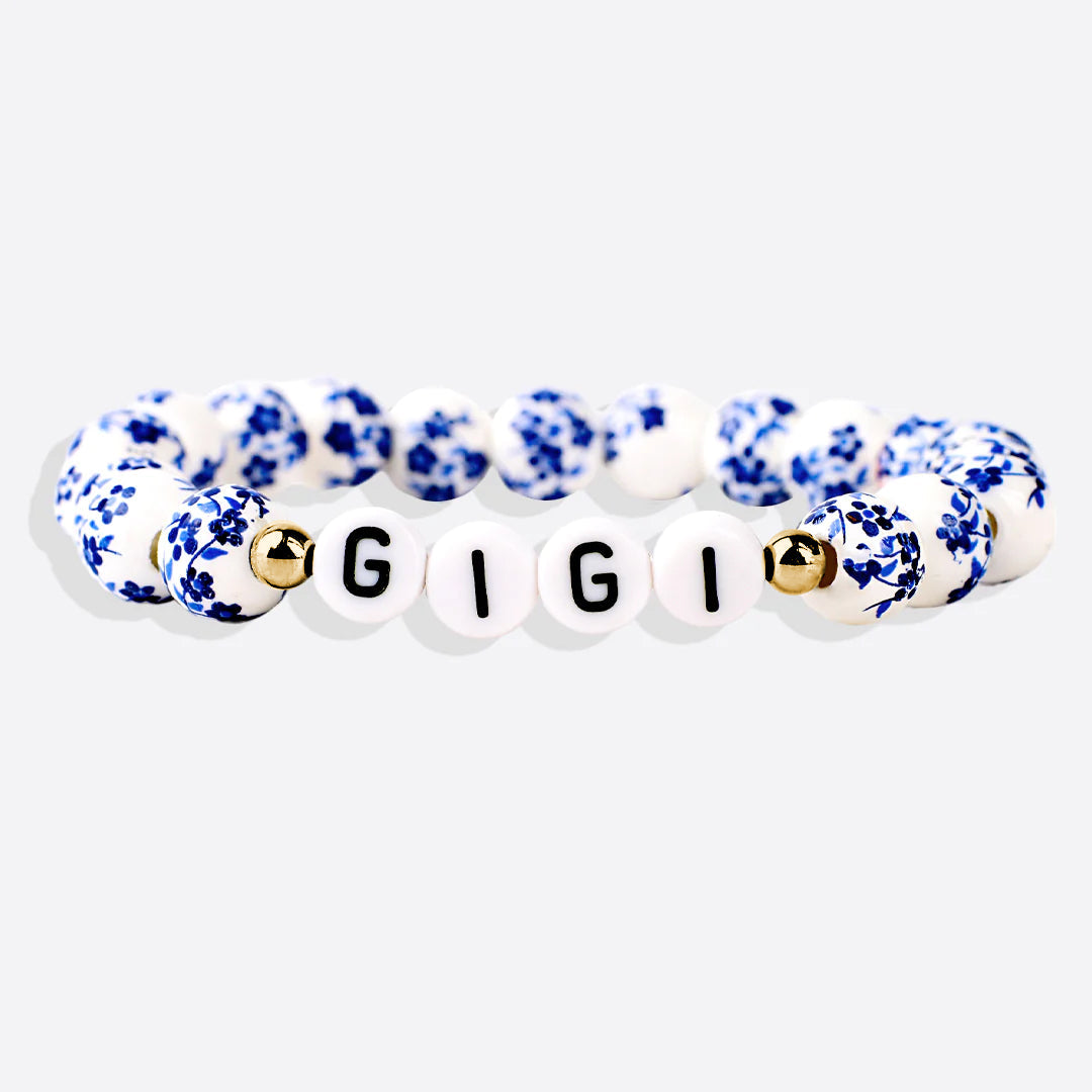 Blaues Armband mit Perlen und Blumen aus Porzellan für Mama und Oma