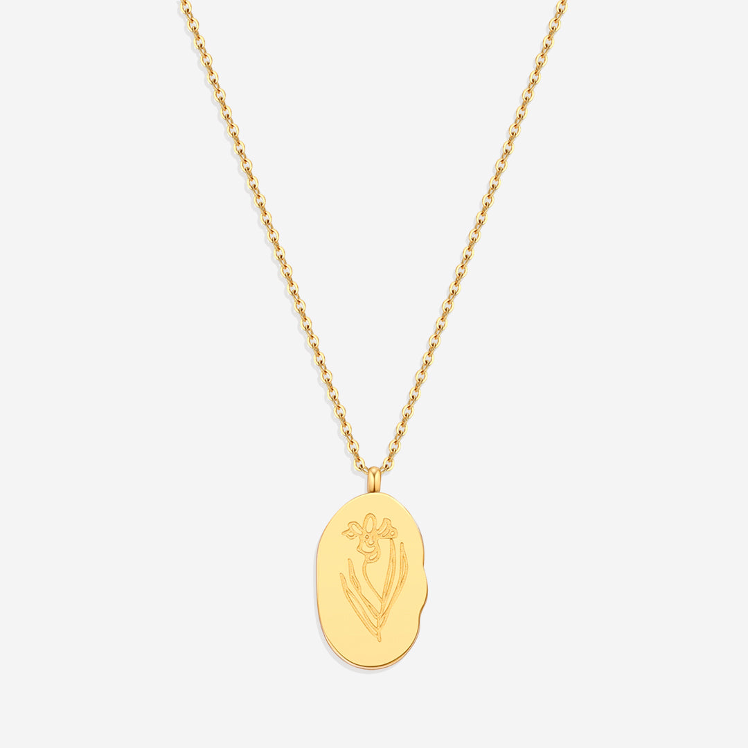 Gold Birth Flower Pendant Necklace in gold tone with February birthstone